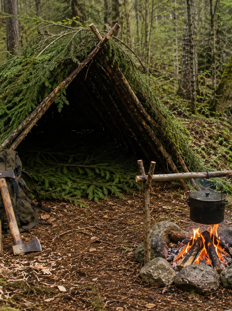 Bushcraft shelter under the canopy